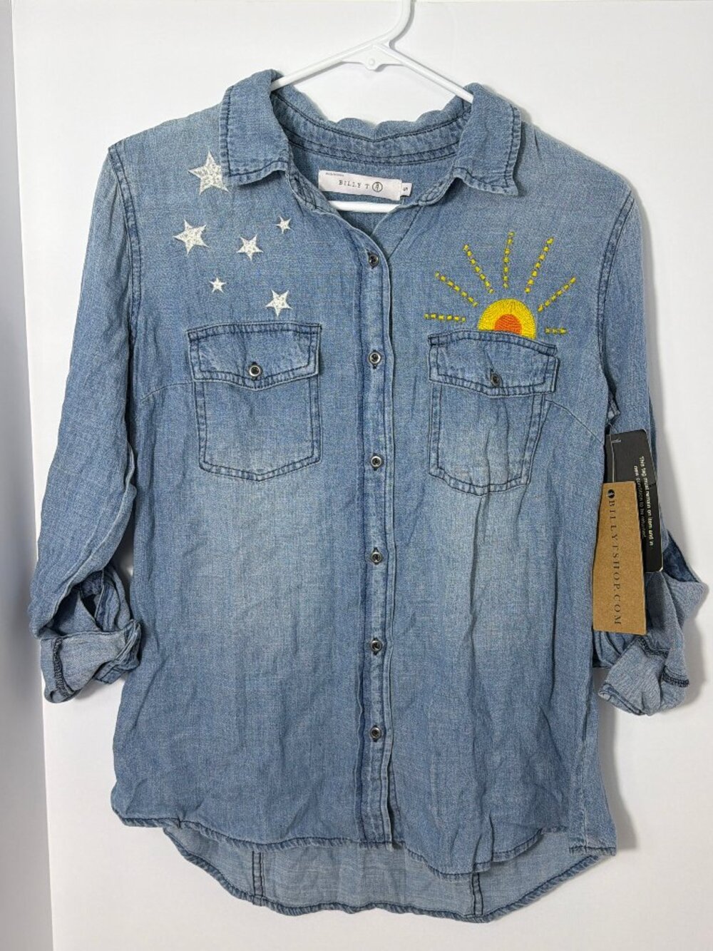 NWT Billy T Hello Sunshine Embroidered Sun & Stars Denim Shirt Size Small